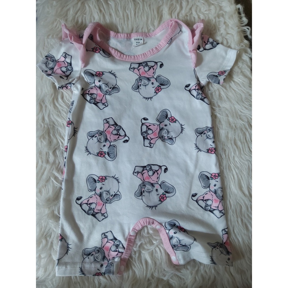 SHEIN Baby Girl Elephant Print Tie Shoulder Romper White Pink 6-9M